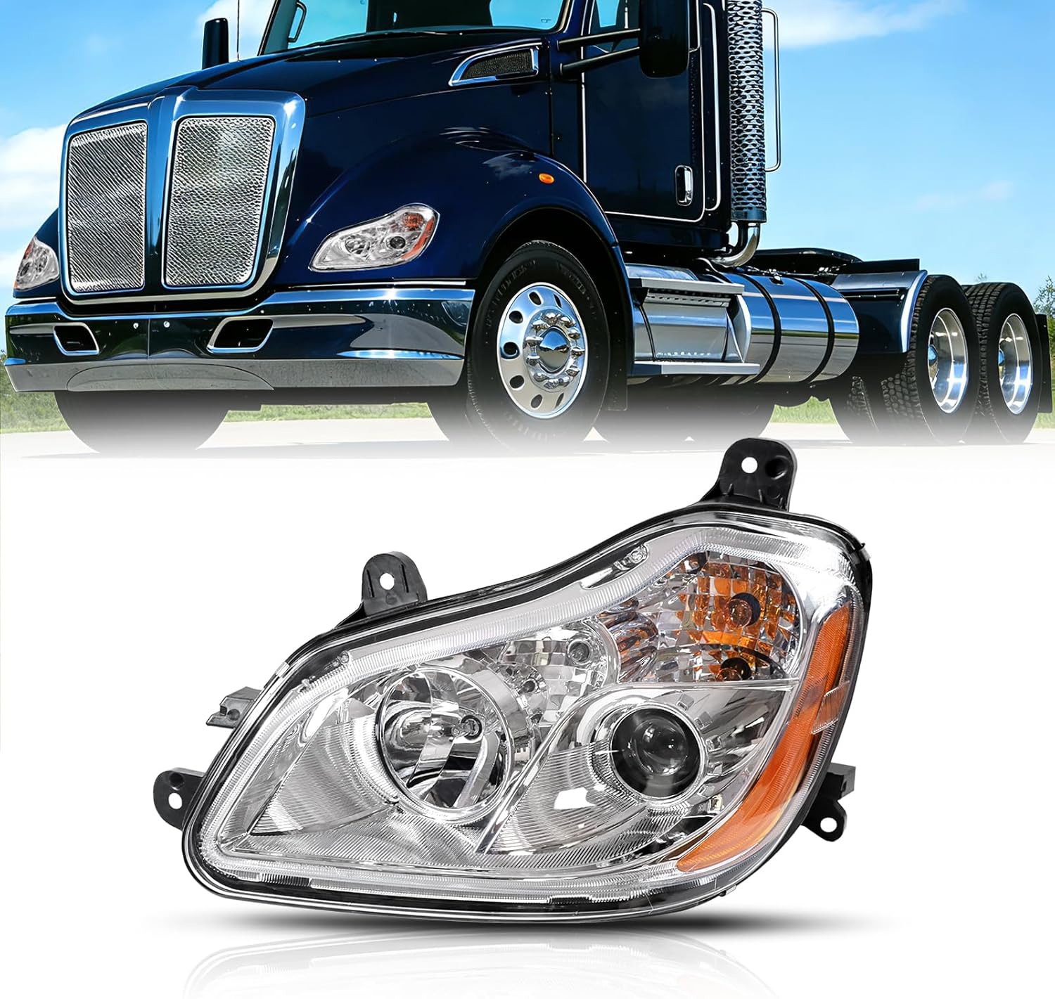 Yingtour Headlight Assembly Compatible with Kenworth T680 2013 2014 2015 2016 2017 2018 2019 2020 2021 Halogen Headlights Headlamps W/Bulbs (Left)