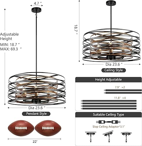 Miniatura 5 de Candelabros de Comedor de 6 Luces Estilo Granja, 23.6" Candelabro Grande Negro Estilo Granja, Grano de Madera y Negro Vintage, Lámpara de Comedor