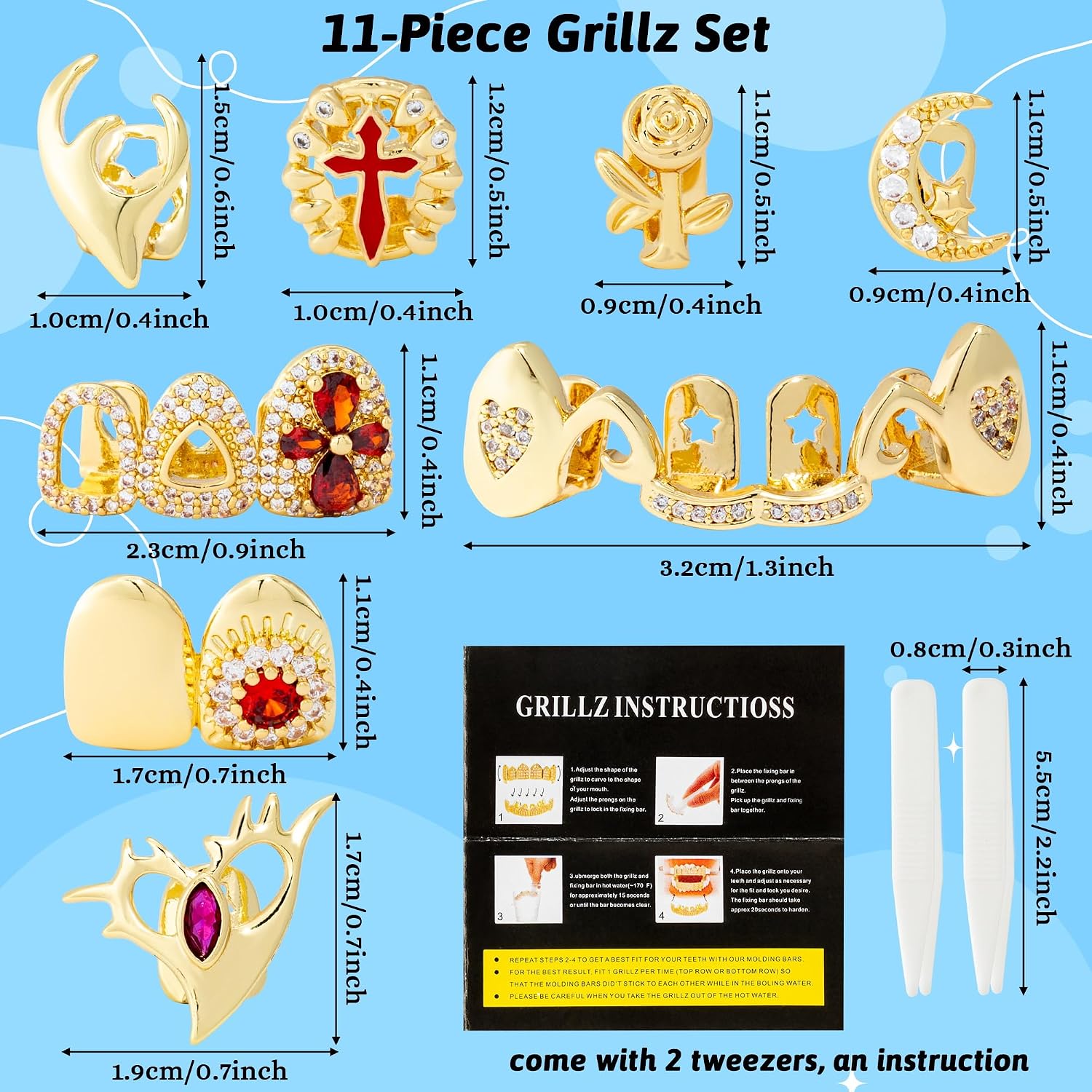 PANTIDE 8Pcs Gold Grillz for Teeth Halloween Hip Hop Jewelry Men Women | Vampire Outfits, Golden Dental Grills, Fake Tooth Cap Kit with Molding Bar, White Red Diamond, Rapper Costume Party Accessory