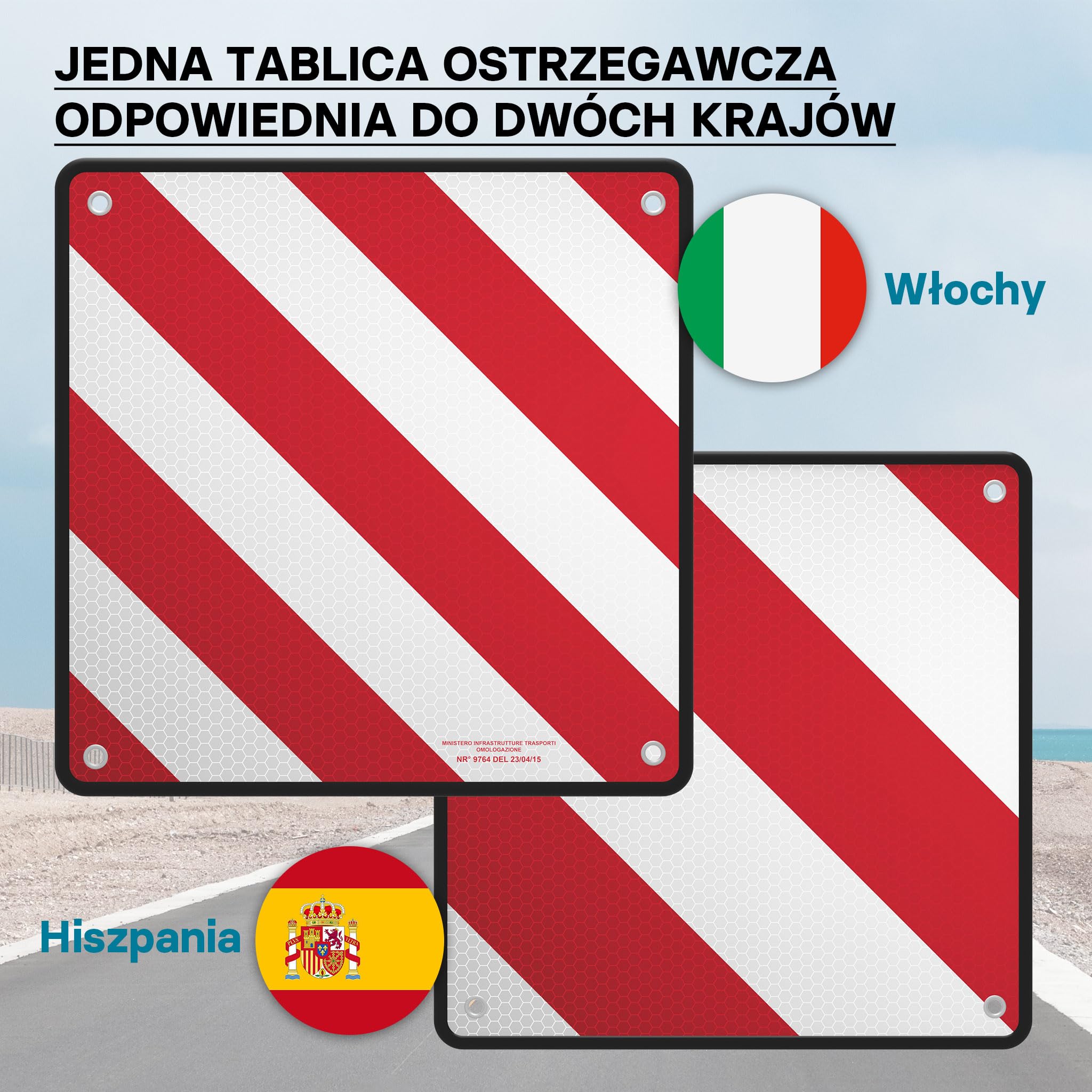 Tablica odblaskowa 2w1 dla Hiszpanii i Włoch aluminiowa 50x50cm czerwono-biała na bagażnik/rower