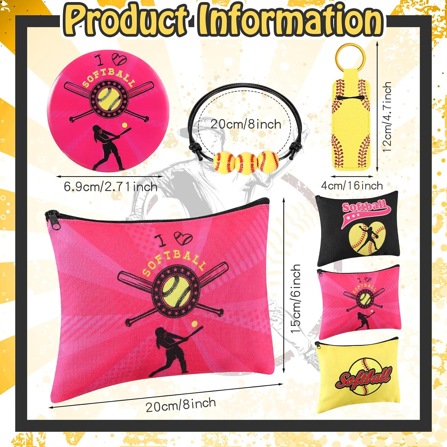 60 Pcs Softball Team Gifts for Girls Include 12 Softball Makeup Bags 12 Lip Balm 12 Makeup Mirrors 12 Lipstick Holder Keychains 12 Adjustable Bracelet for Sports Lovers