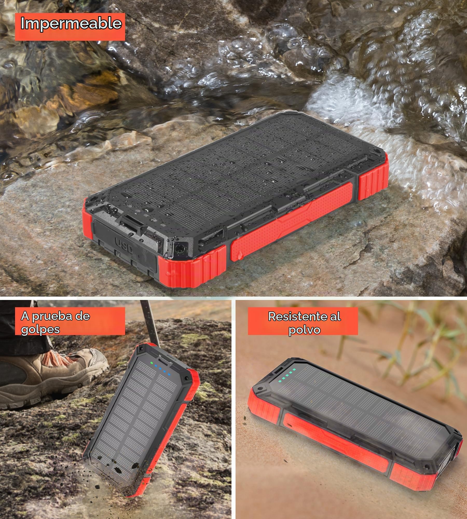 Power Bank Solar 56800mah con función de Carga inalámbrica, Impermeable Viene con 5 Salidas 3 entradas, Linterna, mosquetón, Qc 30 y USB C PD 20w para teléfonos portátiles, tabletas (Red)