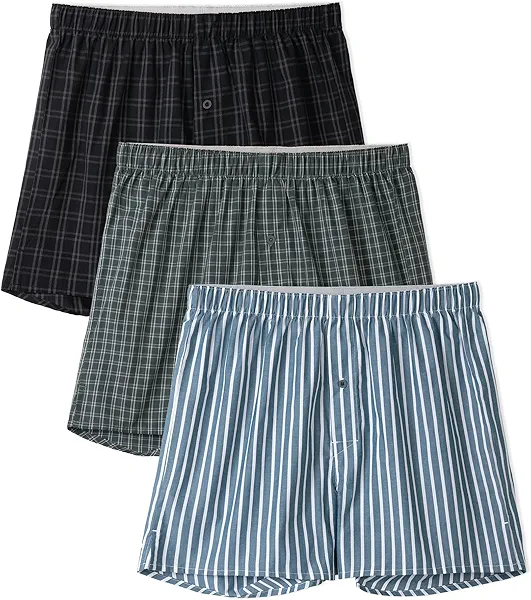 DAVID ARCHY Woven Cotton Boxers for Men Classic Men's Underwear Loose Breathable & Comfortable Boxer Shorts(XXL, Black gray plaid/Dark green checks/Blue white stripes)