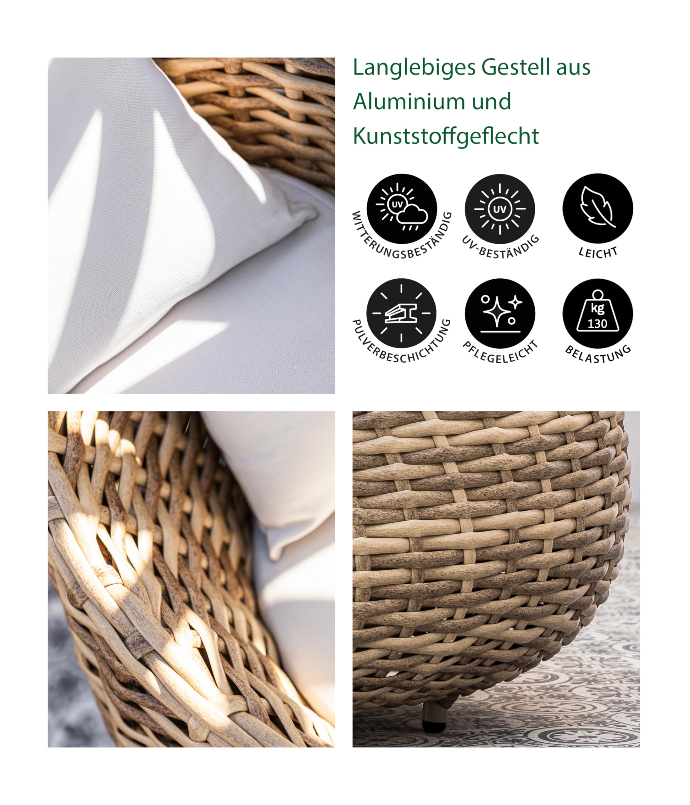 Dehner Sessel Tulum, Geflechtsessel wetterfest, Lounge Möbel Outdoor, 97 x 95 x 76 cm, Aluminium / Kunststoff / Polyester, braun / weiß