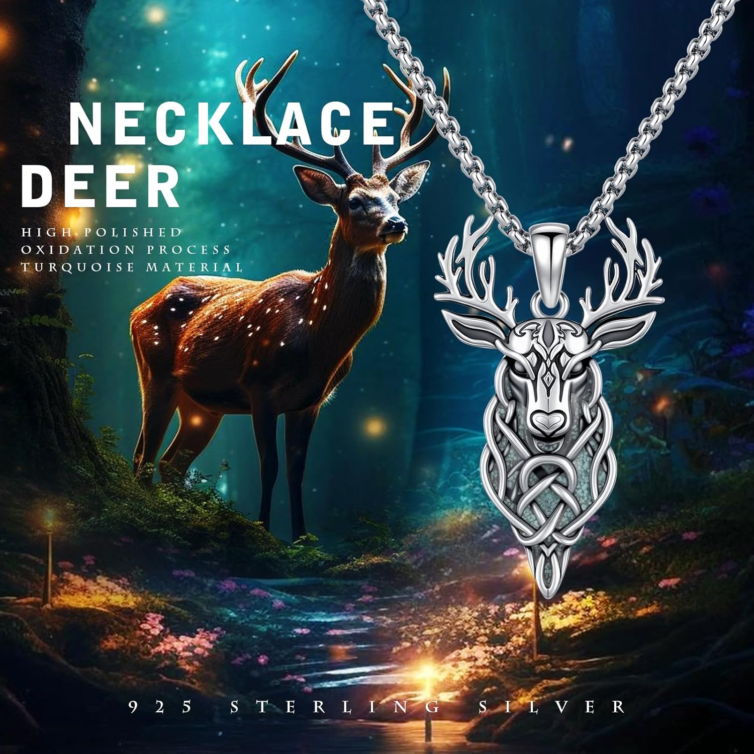 MEDWISE Celtic Deer Antler Pendant Necklace, 925 Sterling Silver with Turquoise 20-22 Inch Extendable Chain, Turquoise Jewelry Gift for Women's Wife Mother Her Anniversary Birthday