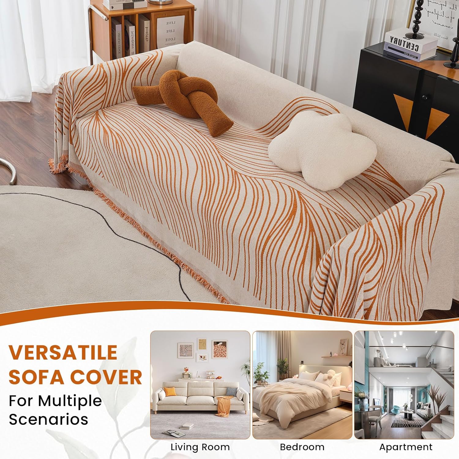 VClife Large Sofa Cover Chenille Couch Cover for 2 Cushion Couch Sofa, Modern Beige Caramel Striped Couch Covers for Kids Washable Sectional Sofa Protector with Tassel 71"X118"