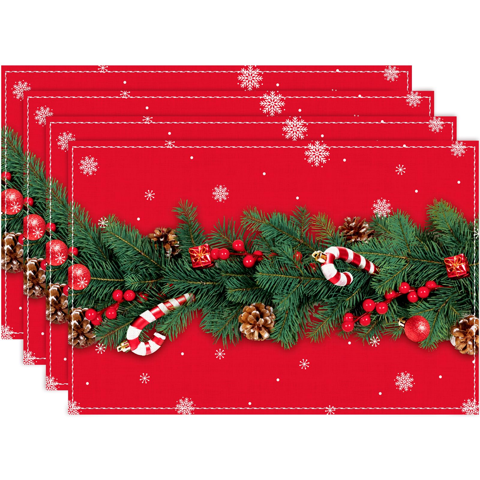 NetnologyWatercolor Red Christmas Placemats Set of 4, 12x18 Inch Seasonal Winter Snowflake Xmas Party Decoration Holiday Indoor Home Kitchen Washable Table Mats