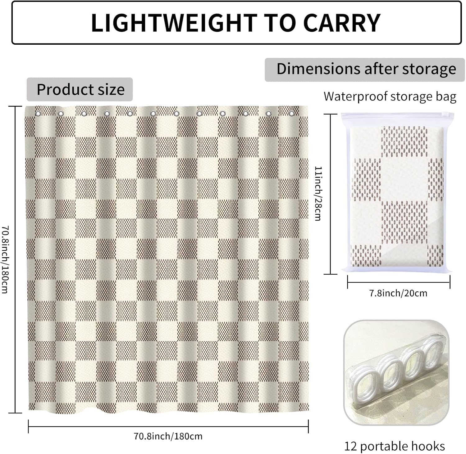 Shower Curtain for Bathroom, Cute Shower Curtain Sets with 12 Hooks, Waterproof Fabric Bath Curtain for Home, 72Wx72H, Fashion Checkerboard