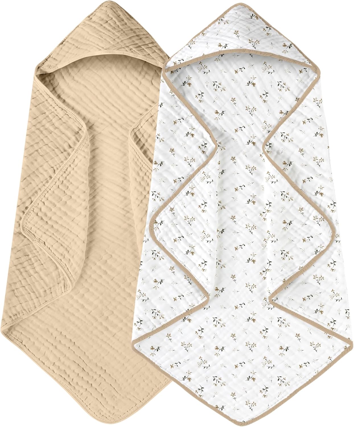 Yoofoss Hooded Baby Towels for Newborn 2 Pack 100% Muslin Organic Cotton Baby Bath Towel with Hood for Babies, Infant, Toddler and Kids, 32x32Inch, Soft and Absorbent Newborn Essential, Beige Floral