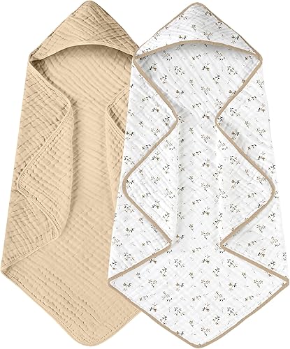 Miniatura 33 de Yoofoss Paquete de 2 toallas con capucha para recién nacido, 100% muselina de algodón orgánico, toalla de baño con capucha para bebés, infantes,