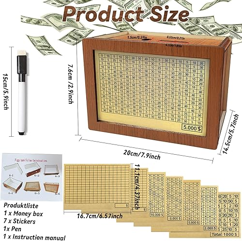 Miniatura 3 de Alcancía de madera, retro 5000300080001000010000 USD, caja de ahorro de dinero para billetes y monedas, alcancía grande personalizada para niños,