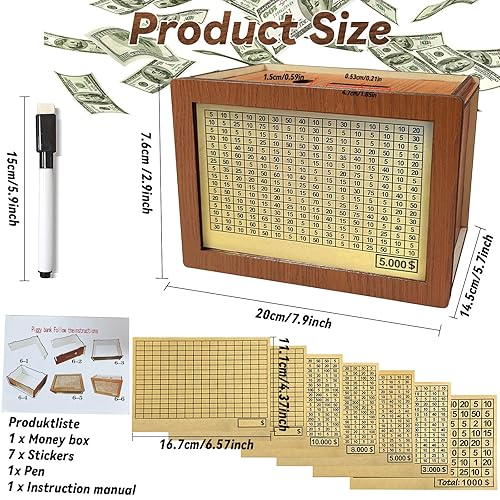 Miniatura 10 de Caja de dinero con contador, caja de dinero de madera reutilizable retro de 3000 USD, tarro de dinero, caja de dinero para monedas, alcancía con