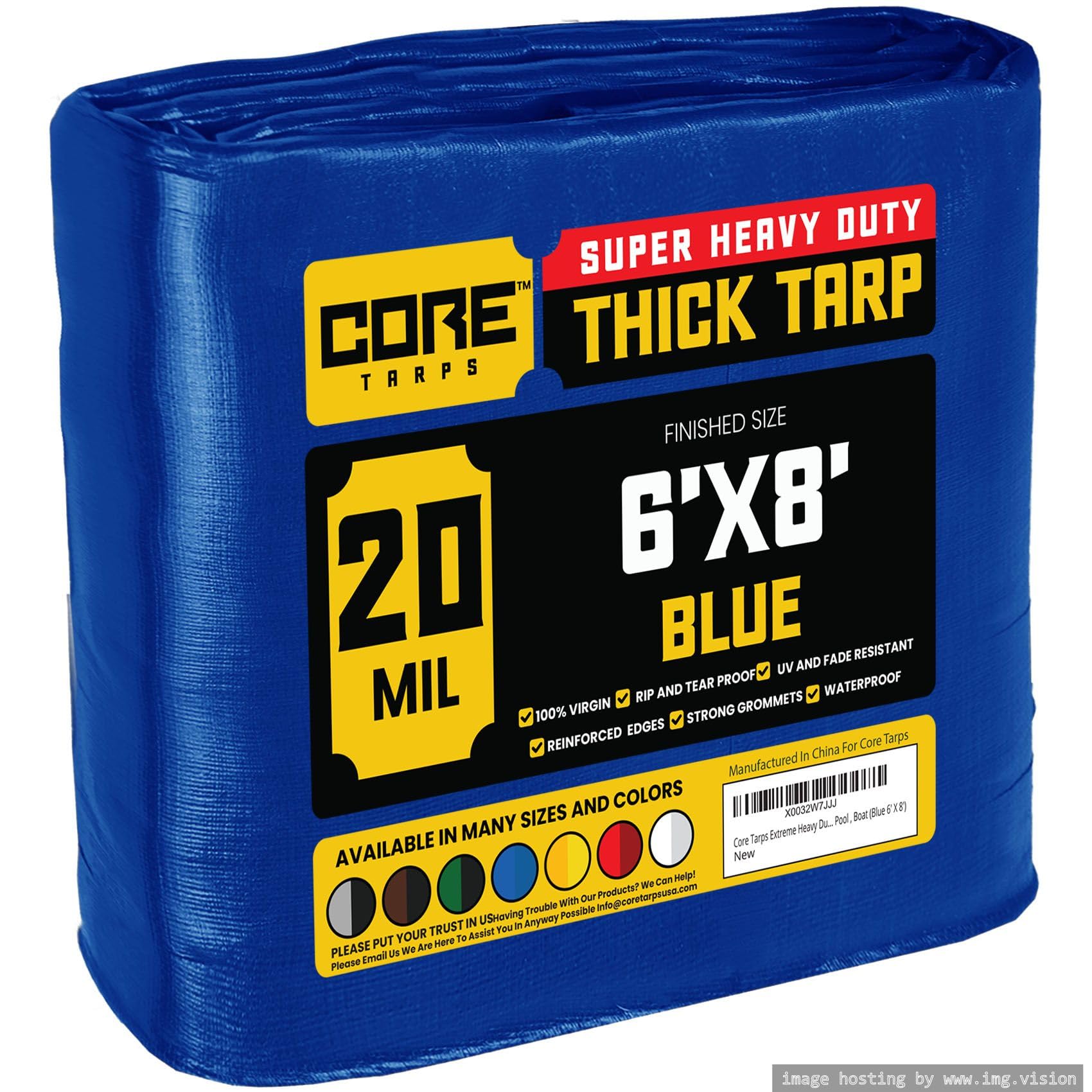 Core Tarps Extreme Heavy Duty 20 Mil Tarp Cover, Waterproof, UV Resistant, Rip and Tear Proof, Poly Tarpaulin with Reinforced Edges for Roof, Patio, Pool, Boat (Blue 6′ X 8′)