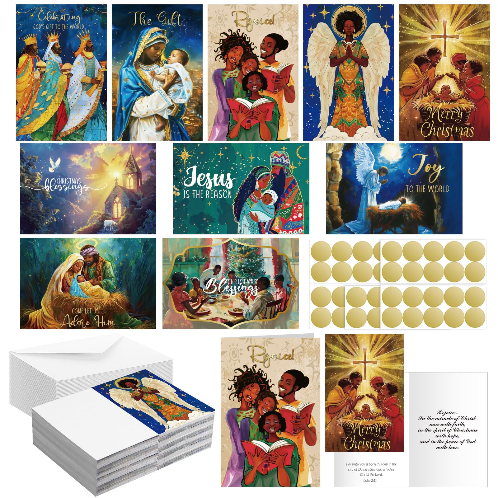 Motiskyy 50 tarjetas de Navidad religiosas afroamericanas surtidas a granel con escrituras cálidas bendiciones en el interior, ángeles de Papá Noel negro, 10 estilos, tarjetas de felicitación