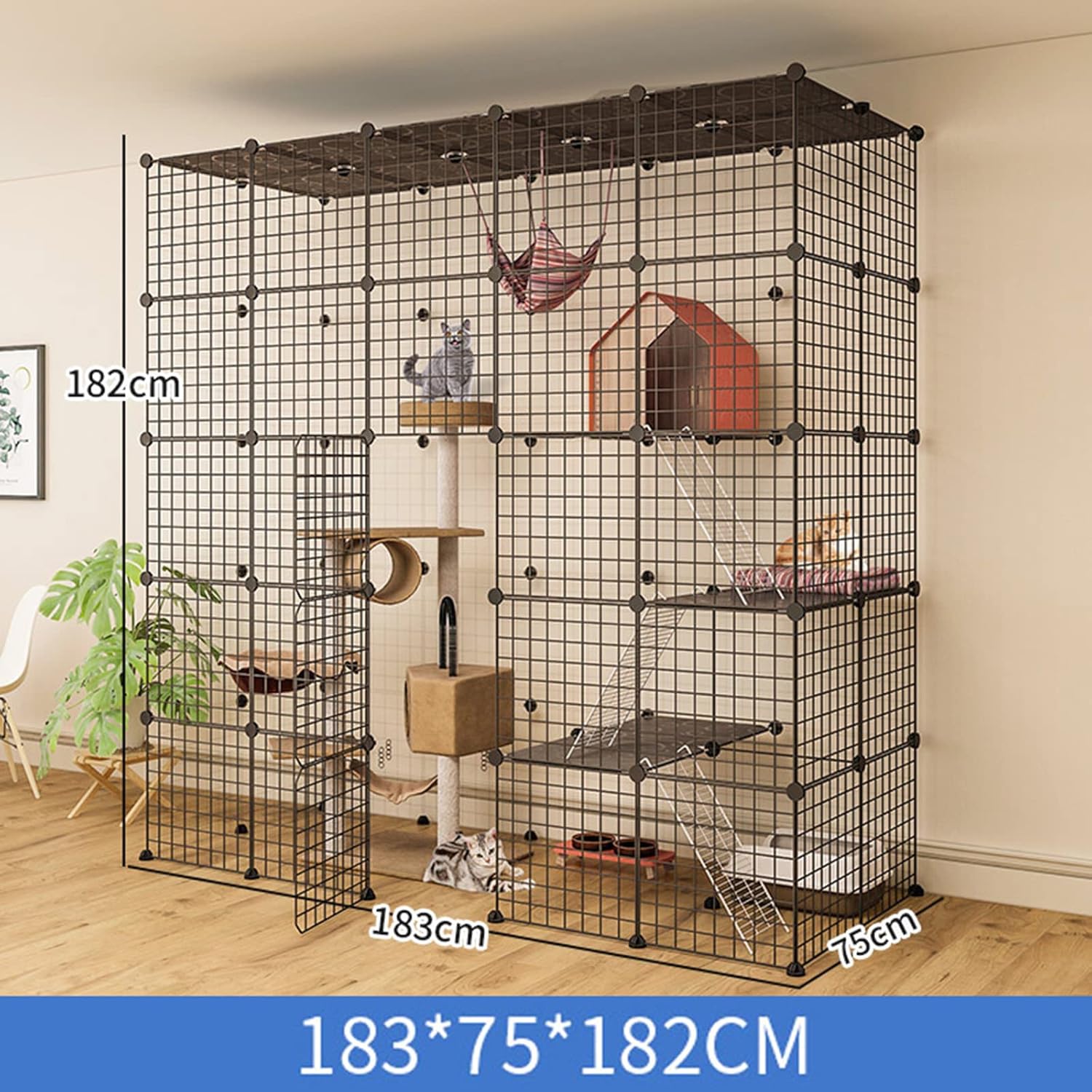 Outdoor Cage for Cats,3 Tier Cat Cage Large,Guinea Pig Cages Large,Homey Pet Cage,Collapsible Pet Cage,Large Exercise Place for Pet,White,Black,183 * 75 * 182cm