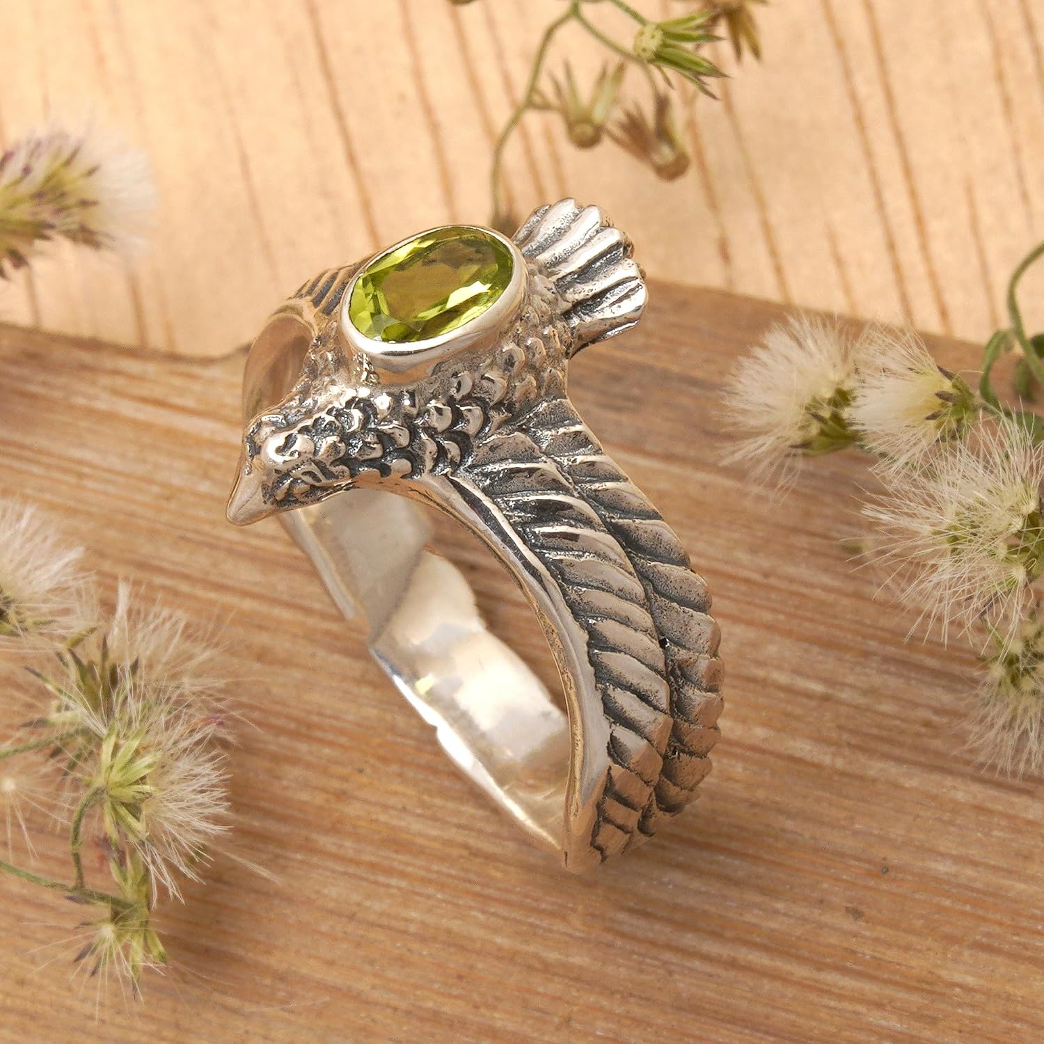 NOVICA Artisan Handmade Men's Peridot Ring Crafted .925 Sterling Silver Green Single Stone Indonesia Animal Themed Birthstone 'Peace Messenger'
