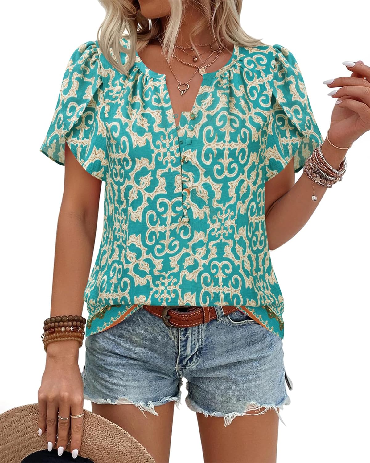 Timeson Womens Summer Tops Boho Short Sleeve Business Casual Blouses Button Down Floral Shirts Fashion Beach Vacation Clothes