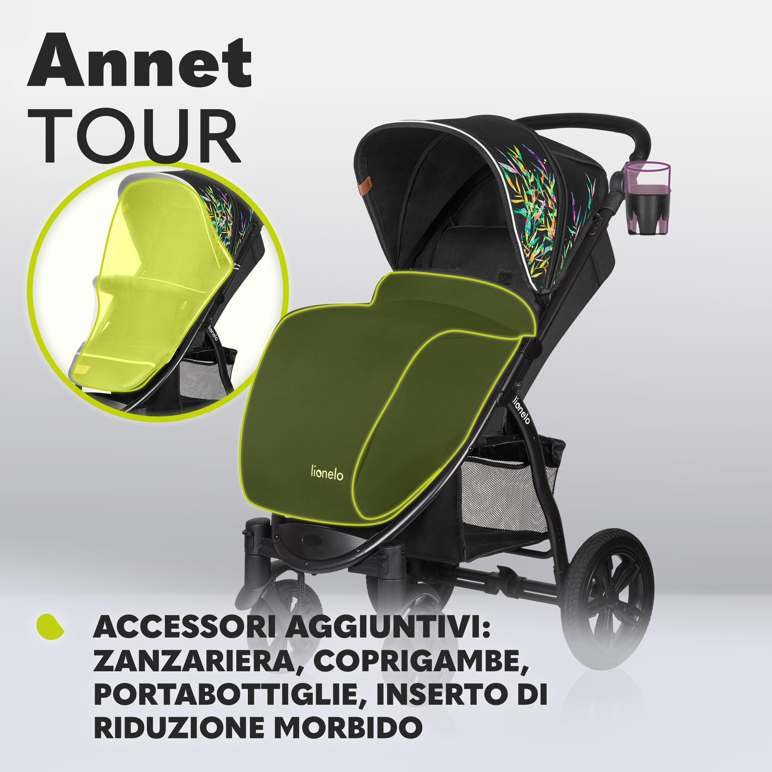 LIONELO Passeggino compatto per bambini dalla nascita fino a 22kg Pieghevole Completa regolazione Posizione sdraiata Cinture 5punti Grandi ruote Ammortizzazione Cappottina XXL (DREAMIN, ANNET TOUR) | , Posizione Sdraiata, Cinture a 5 Punti, Grandi Ruote A