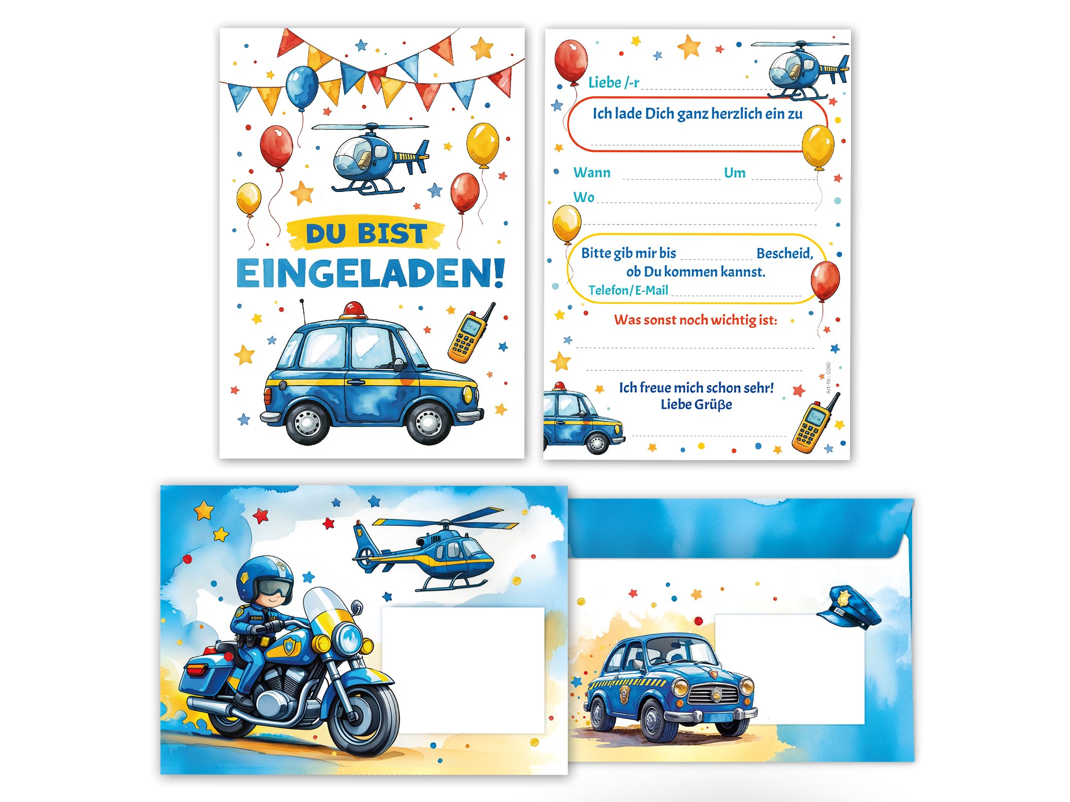 Junaversum 8 Einladungskarten inkl. 8 Umschläge zum Kindergeburtstag Polizei Jungen Kinder coole bunte Einladungen Geburtstag Geburtstagseinladungen Kids