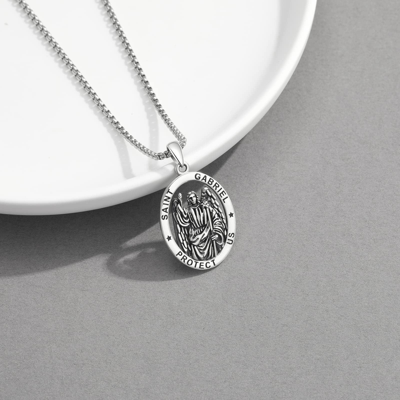 OHAYOO Collar de San Gabriel de plata de ley 925, collar de Arcángel Gabriel, colgante de San Gabriel, amuleto, medalla, joyería para hombres y mujeres