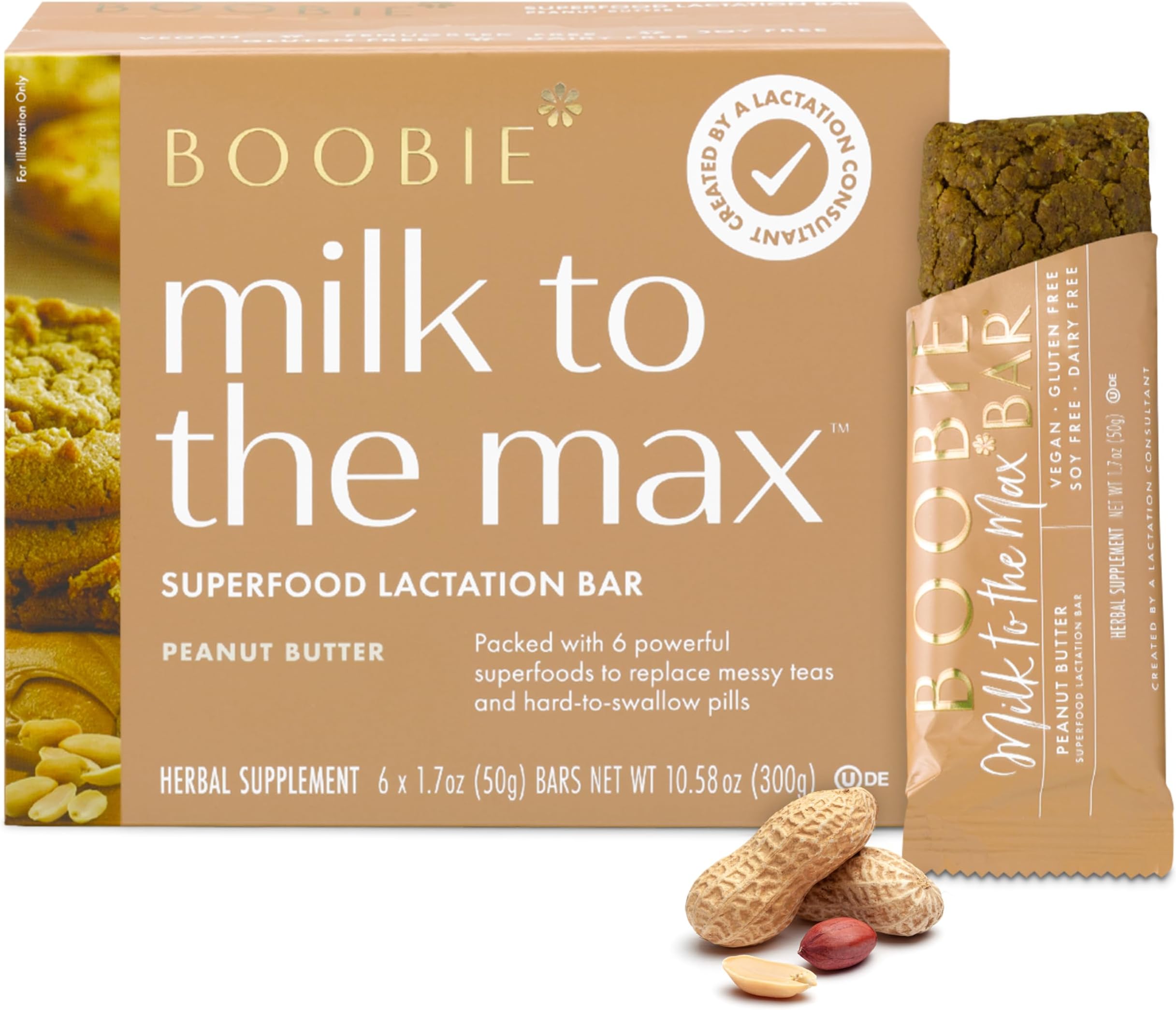 Boobie Bar Superfood Peanut Butter Lactation Bar for Breastfeeding Moms to Increase Milk Supply | #1 Selling Lactation Snack Bars | Vegan, Fenugreek-Free, Gluten-Free, Dairy-Free (6 Bars)