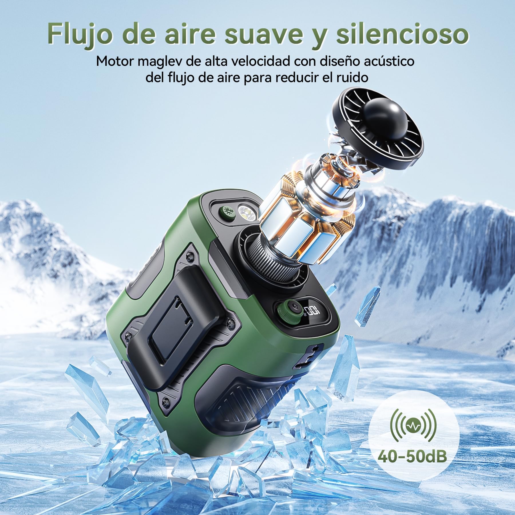 Ventilador de Cintura para Obra y Trabajo al Aire Libre, Refrigeración Potente de 12 m/s, 100 Velocidades Ajustables, Autonomía de hasta 24H, Ventilador con Clip, Luz LED, Carga USB-C