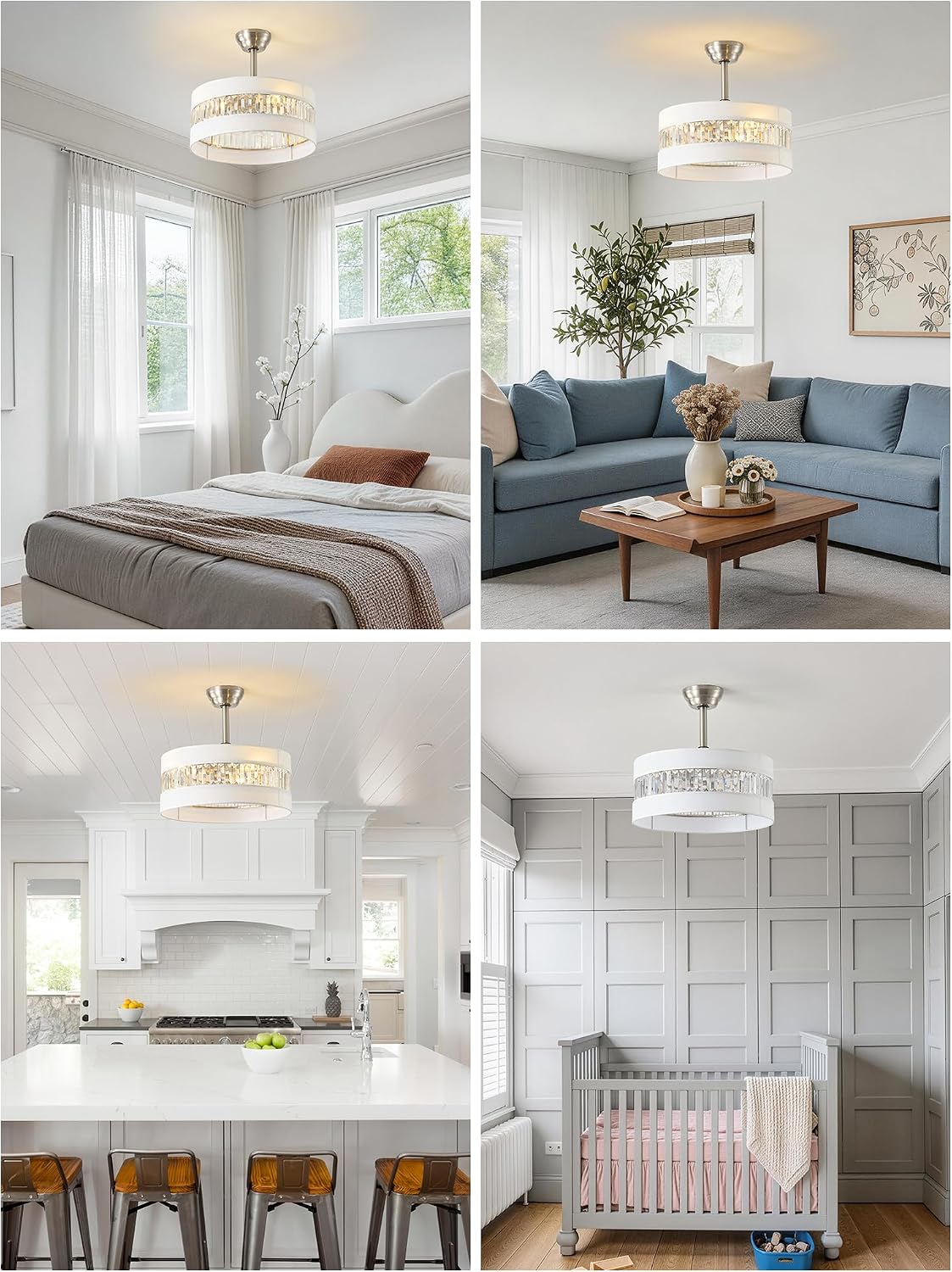 Silver and White Crystal Fandelier Ceiling Fans with Lights, 20" Farmhouse Rustic Ceiling Fan with Light Remote Control, Caged Mid-Century with 6 Speeds for Bedroom, Nursery, Living Room