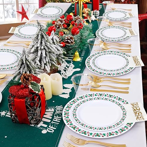 Miniatura 6 de 175 platos de Navidad de plástico, 25 platos de plástico de Navidad, 25 platos de plástico para árbol de Navidad, 25 cubiertos de plástico