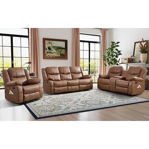 EBELLO 3 Pieces Faux Leather Recliner Sofa Furniture Set, Includes a Manual Reclining 1 Seat Chair, a Loveseat and a 3 Seat Couch, with Cup Holders and Storage for Living Room, Brown