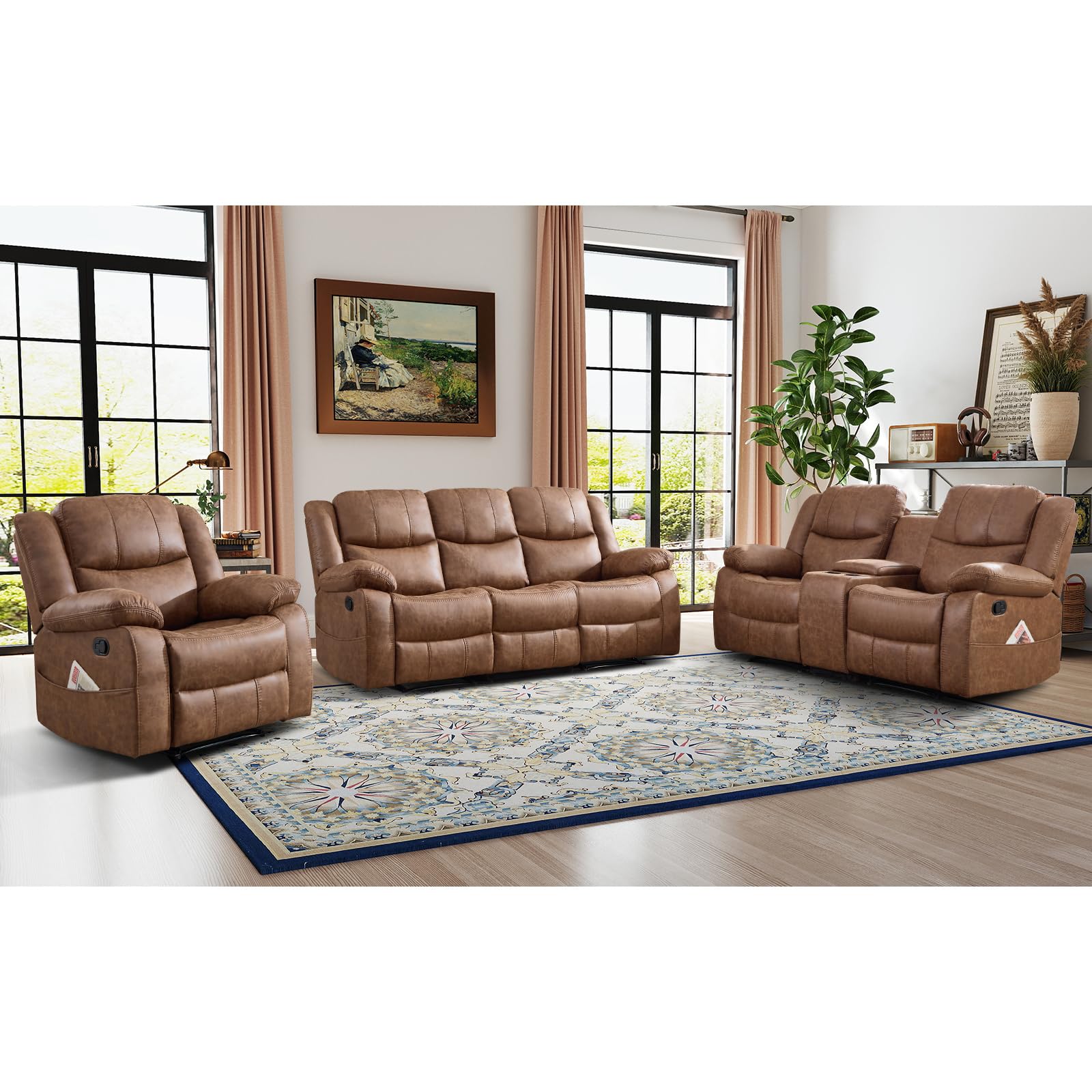 EBELLO 3 Pieces Faux Leather Recliner Sofa Furniture Set