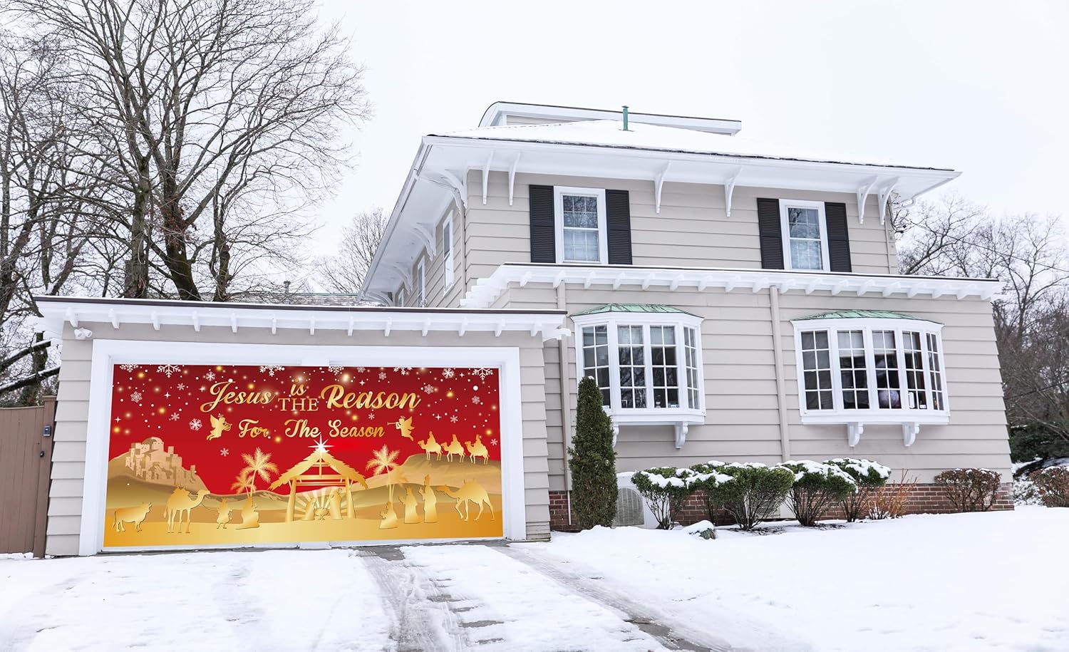 Nativity Garage Door Christmas Decorations - 6x13ft Xmas Nativity Scene Garage Door Cover Banner, Jesus is The Reason for The Season Christmas Backdrops for Photography, Red and Gold