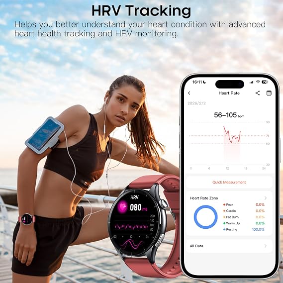Smart Watch for Men Women with Real-Time Monitoring of Heart Rate Blood Pressure Sleep, 1.56” AMOLED Display, Answer/Make Calls, Always-On Display, Bright Flashlight