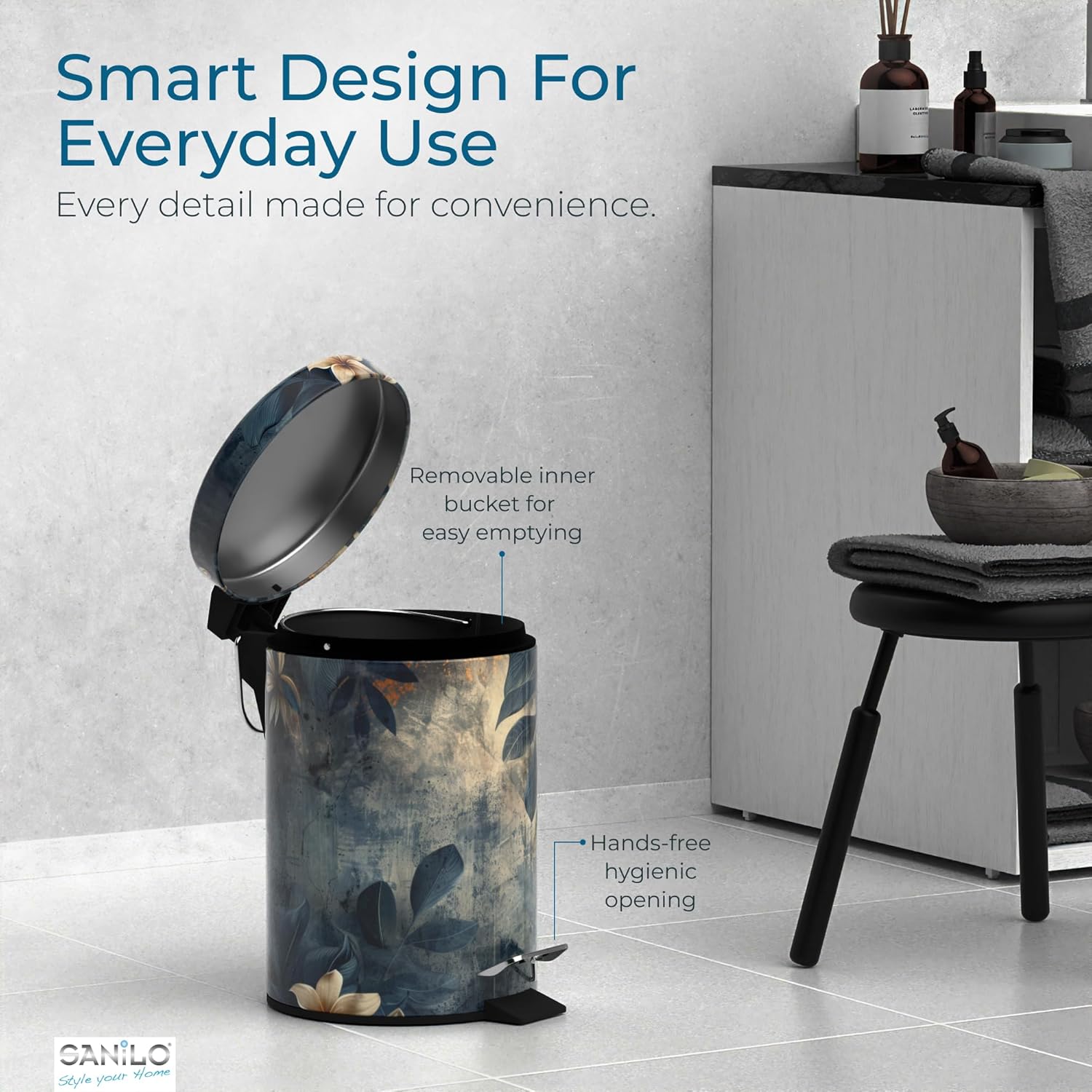 Sanilo Wooden Toilet Seat with Quick Release & Soft Close [ROUND] Decorative & Slow Close Molded Wood Seat, Small Bathroom Trash Can with Lid 1.3 Gallon, Lidded Tiny Trashcan (Lilybud)