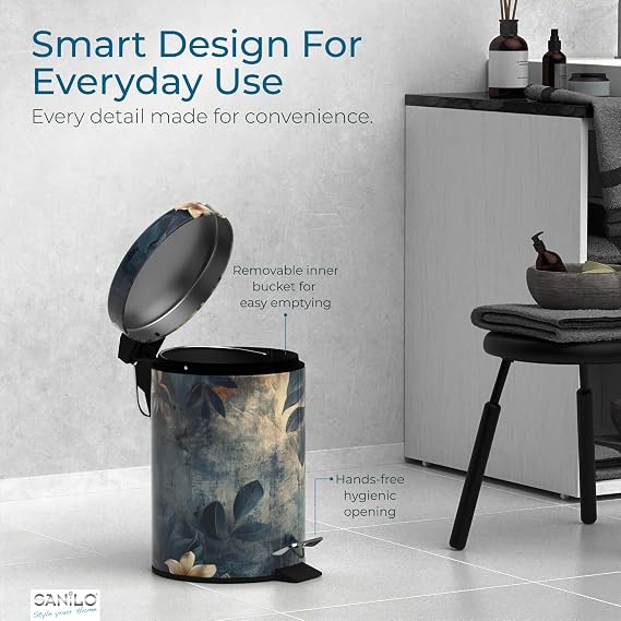 Sanilo Wooden Toilet Seat with Quick Release & Soft Close [ELONGATED] Decorative & Slow Close Molded Wood Seat, Small Bathroom Trash Can with Lid 1.3 Gallon, Lidded Tiny Trashcan (Lilybud)