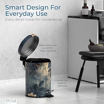 Sanilo Wooden Toilet Seat with Quick Release & Soft Close [ELONGATED] Decorative & Slow Close Molded Wood Seat, Small Bathroom Trash Can with Lid 1.3 Gallon, Lidded Tiny Trashcan (Lilybud)