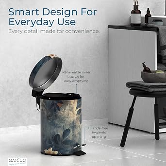 Sanilo Small Bathroom Trash Can with Lid [1.3 Gallon] - Lidded Tiny Trashcan for Garbage - Mini Metal Bin with Soft Closing Mechanism - Bath Room Accessoire Wastebin with Inner Bucket (Lilybud)