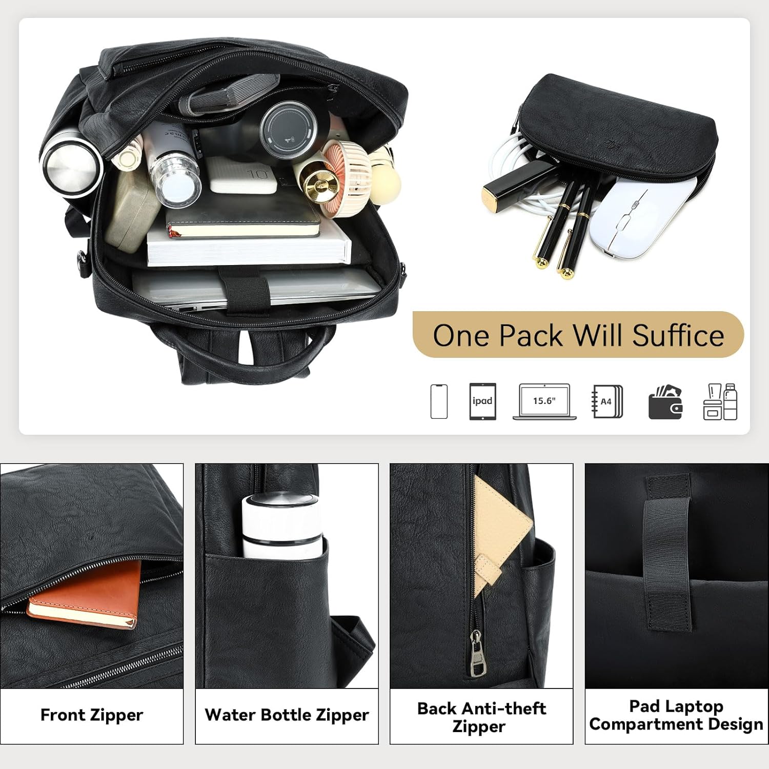 Vegan Leather Laptop Backpack for Women 15.6 Inch Work Backpack Purse for Travel College - Image 5