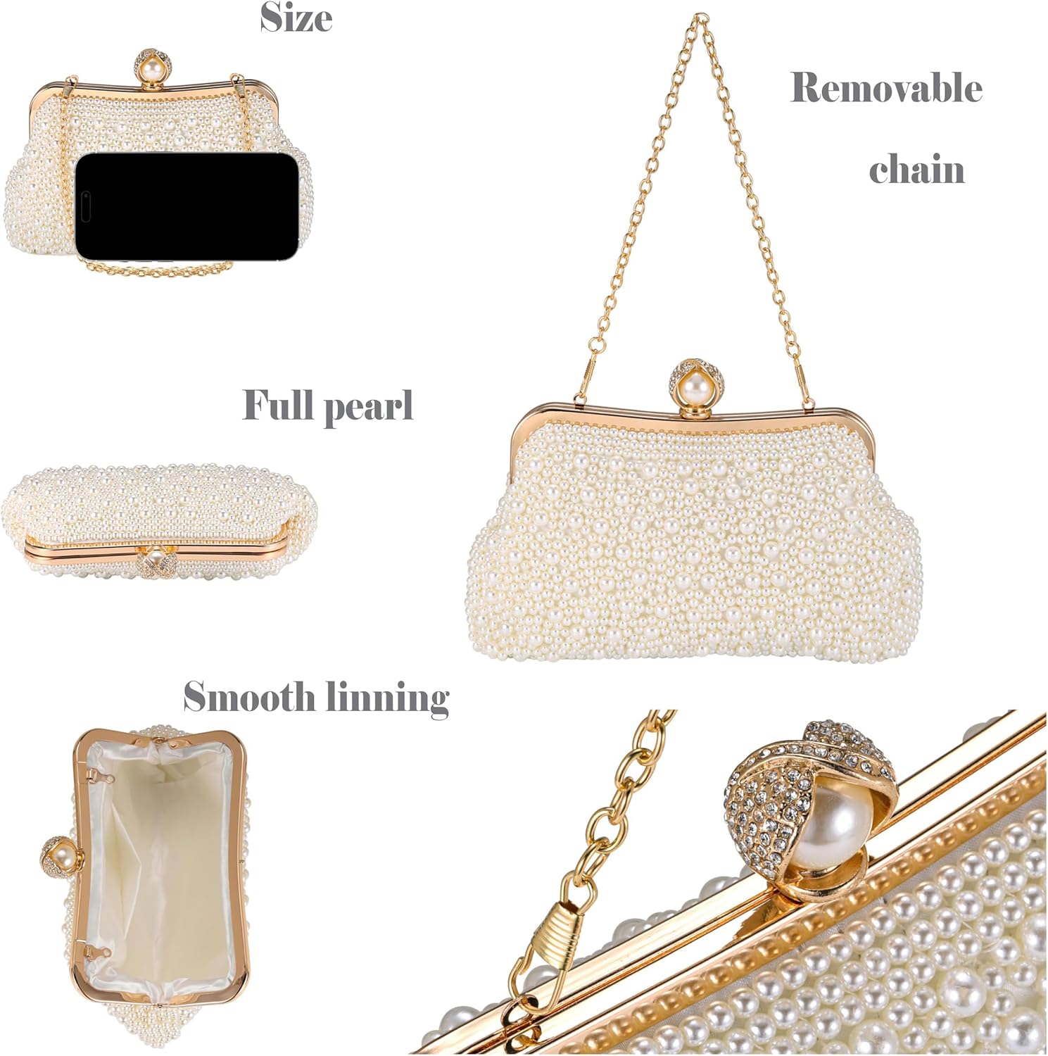 Ayliss Pearl Clutch Purses for Women Wedding Bridal Evening Small Clutch Crossbody Handbag Full Beaded Parites Prom - Image 5