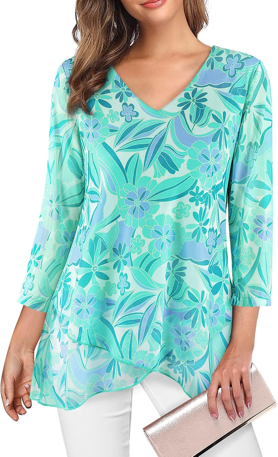 SeSe Code Womens Dressy 3/4 Sleeve Tunic Tops Asymmetric Hem Blouses Lightweight Mesh Shirt