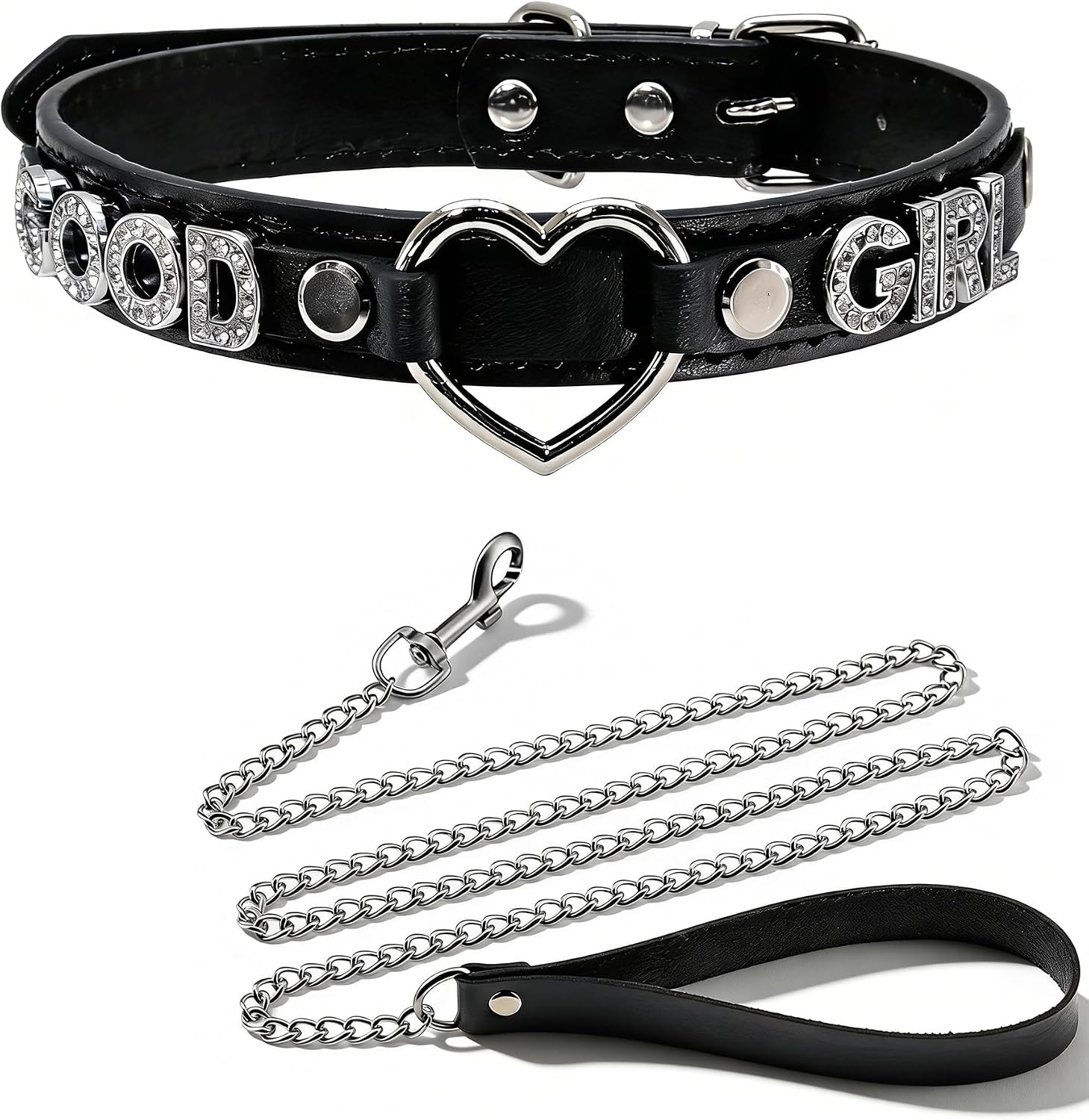 Black Choker Necklace Collar and Leash Set for Women,Gothic Punk Rave Cosplay Festival Leather Collar with Heart and Letter Naughty Jewelry