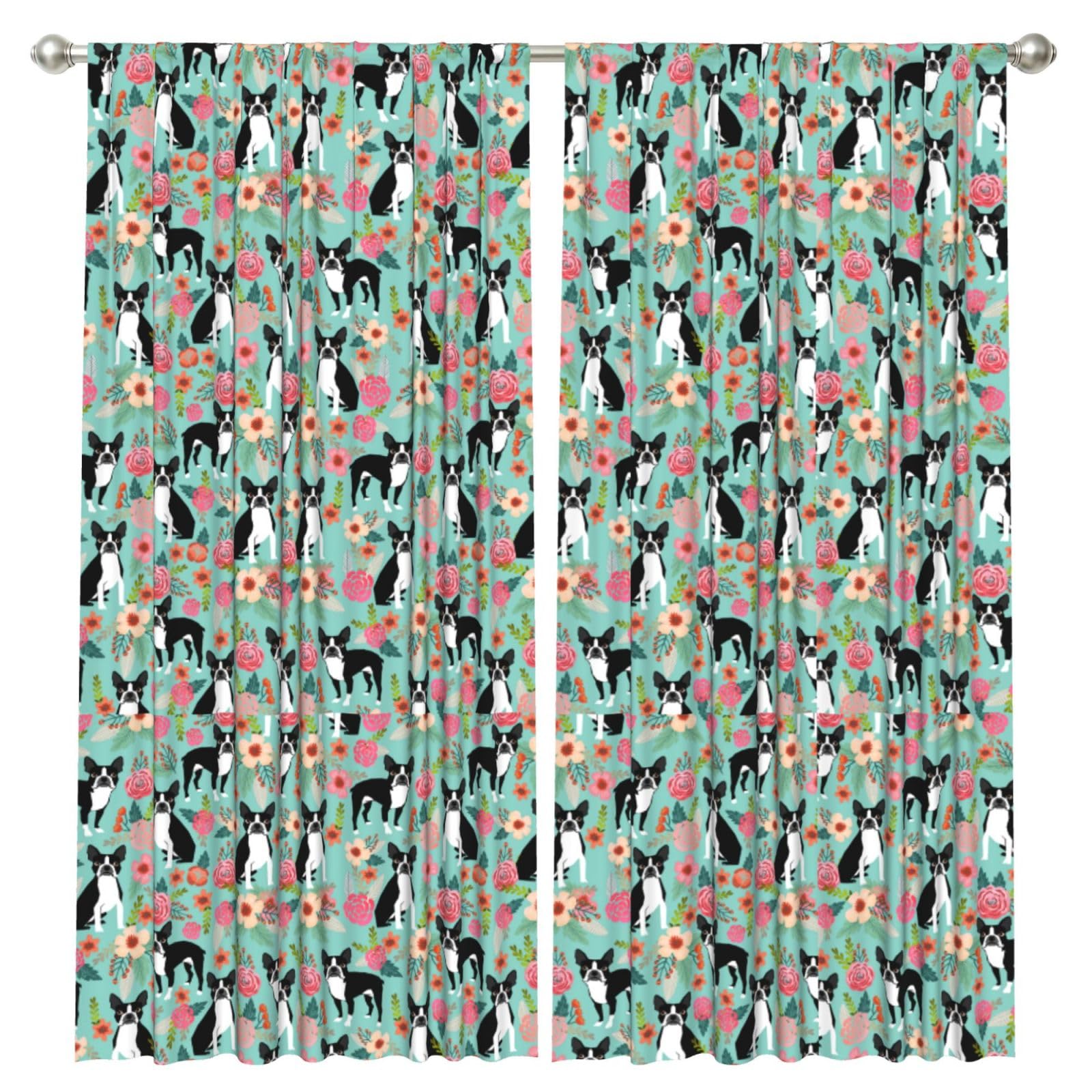 InOmak Boston Terrier With Flowers, 2 Panels Window Curtains 52 x 84 Inch Blackout Curtains for Living Room Bedroom
