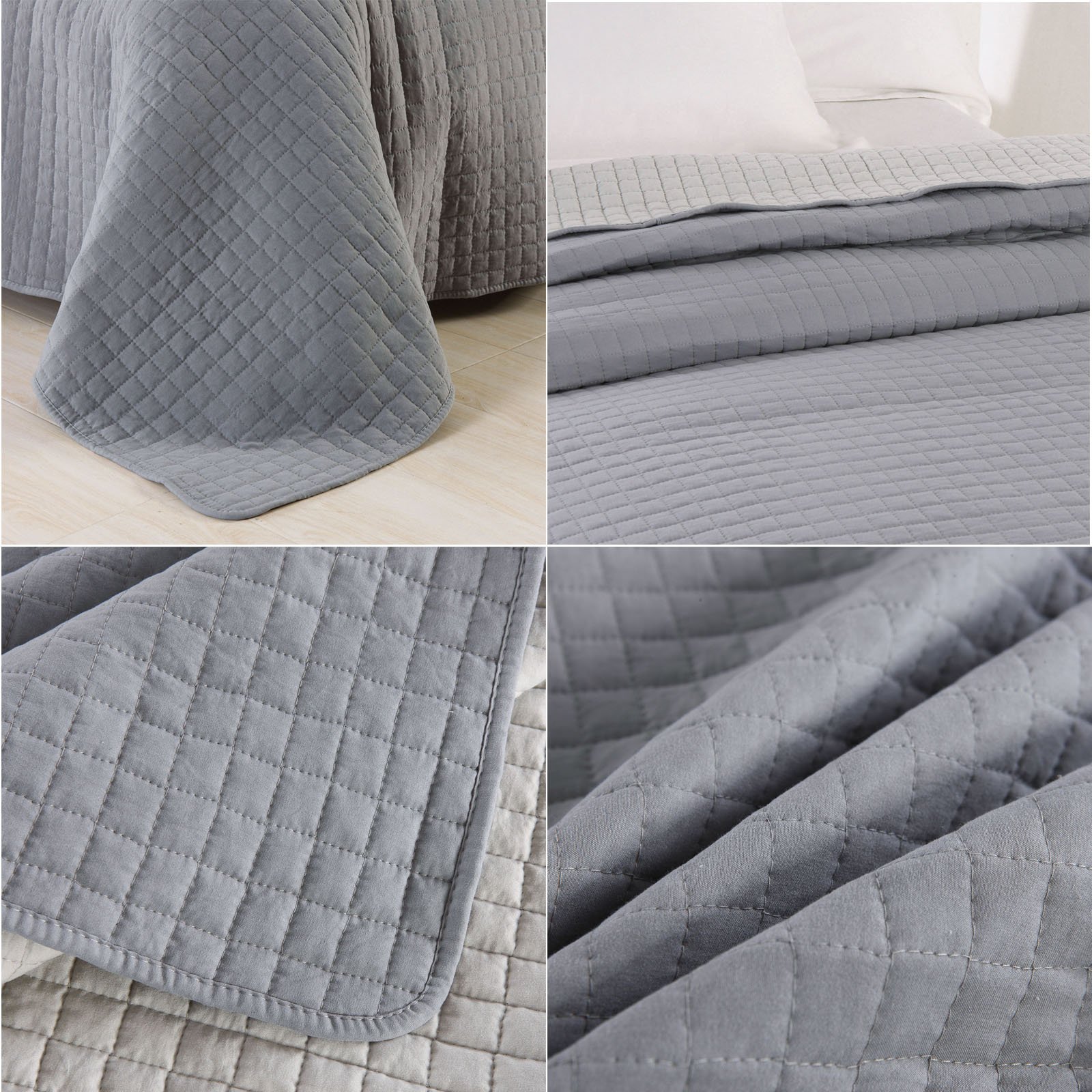 Tagesdecke Bettüberwurf Steppdecke Patchwork Flanelle Wendedesign Kariert 220x240 cm Grau-Hellgrau