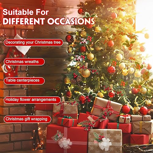 Vista 7 de Crafare Paquete de 15 púas pequeñas de Navidad, varios tamaños, tallos de bayas rojas con piñas para Navidad, arreglo floral, decoración