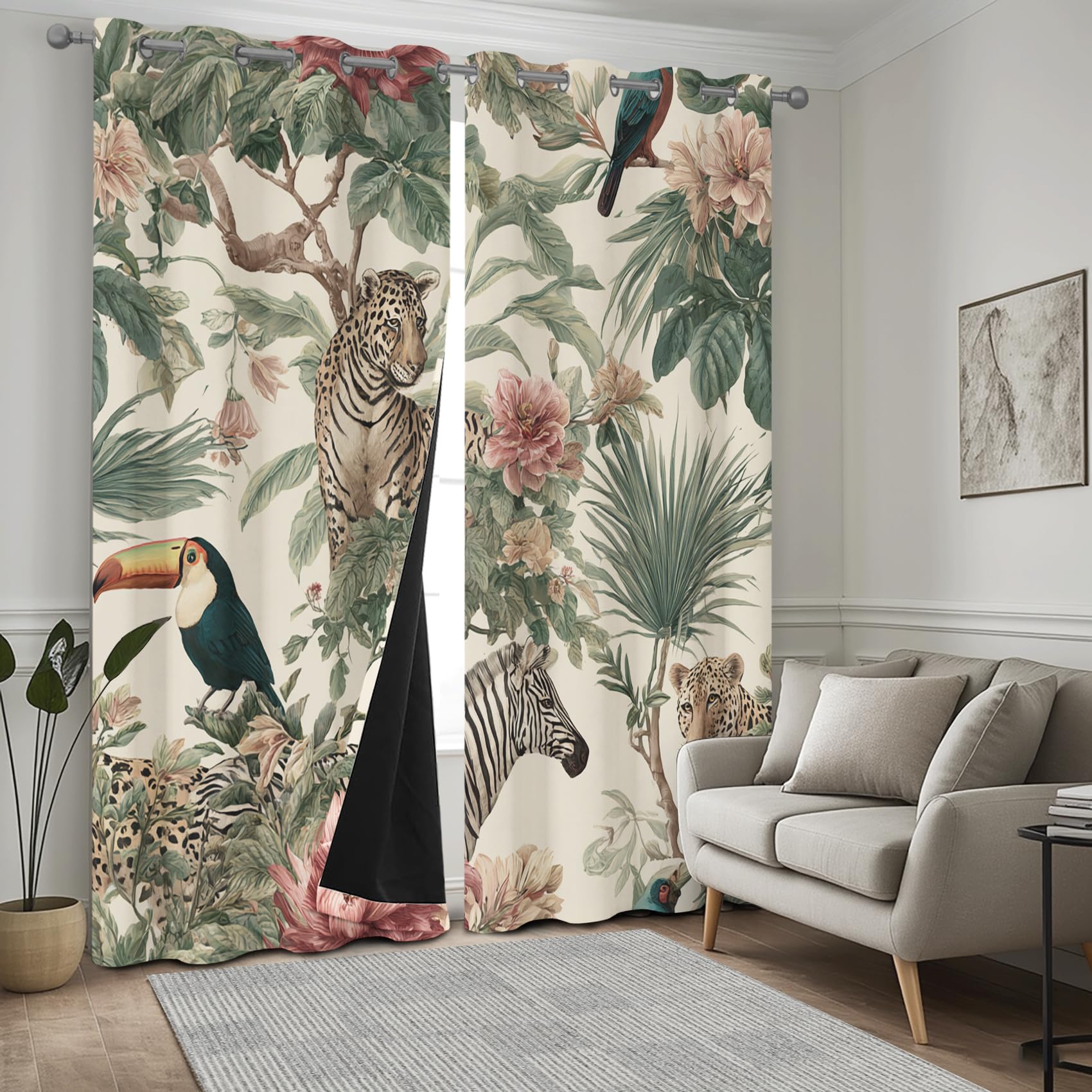 Rideau Occultant Jungle Tropicale, Rideaux Motif Safari Animaux, Rideau Thermique Chambre Salon Fenetre, Fleurs Feuilles de Palmier Lot de 2 Rideaux et Draperies Intérieurs à Oeillets, 140x240cm, yi5