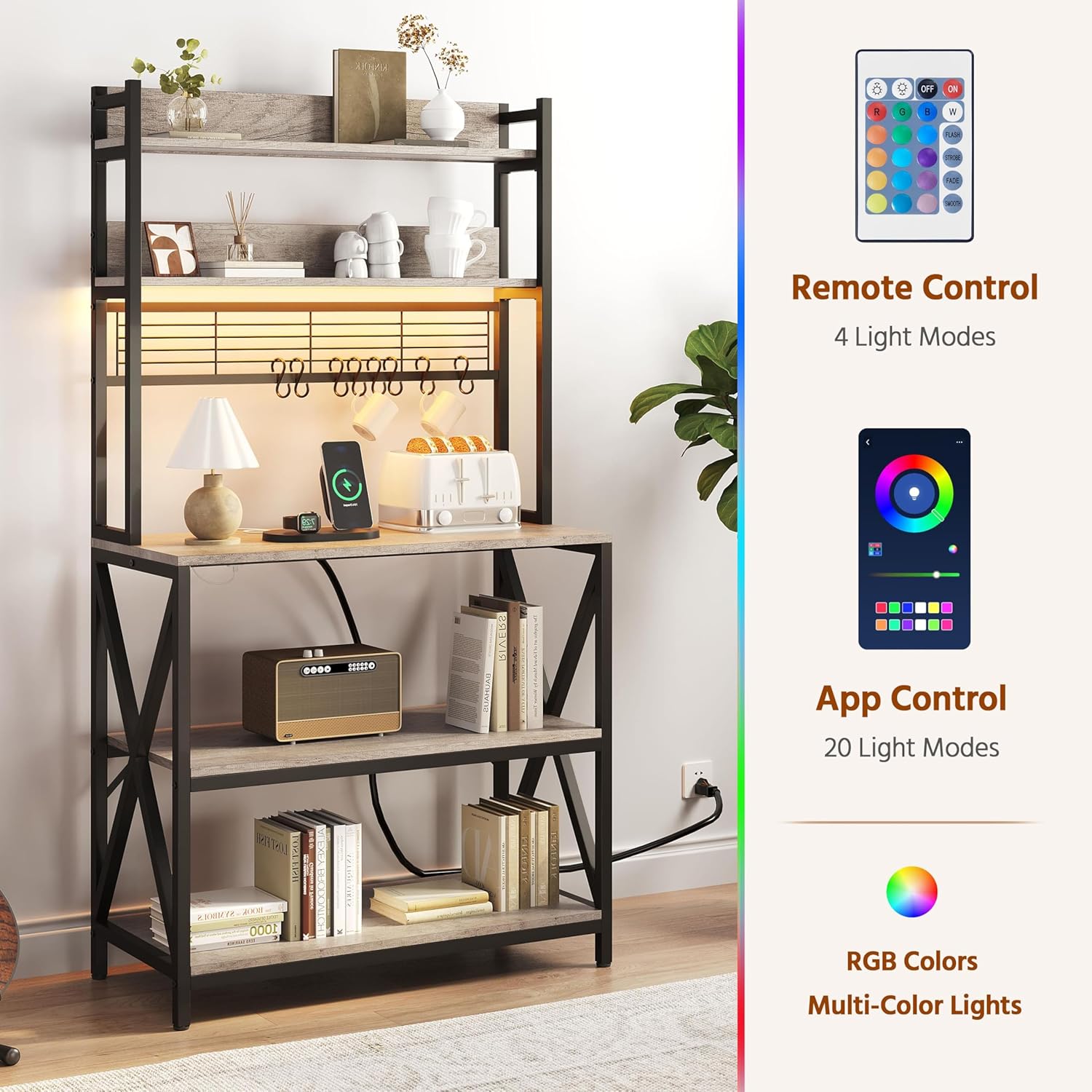 Yaheetech Kitchen Bakers Rack with Power Outlet & LED Lights, 5 Tiers Coffee Bar Table with 8 S Hooks, 64 Inches Tall Microwave Oven Stand with Storage for Spices, Pots, Gray