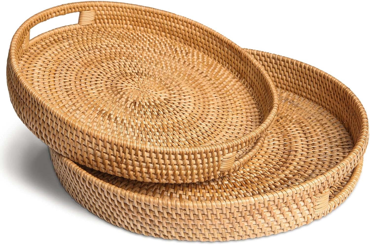 HITOMEN Hand-Woven Round Rattan Serving Tray Decorative Ottoman Wicker Platter with Handles for Coffee Table, Breakfast, Drinks, Snack, Bread, Fruit, Vegetables (Natural Set of 2: M+L)