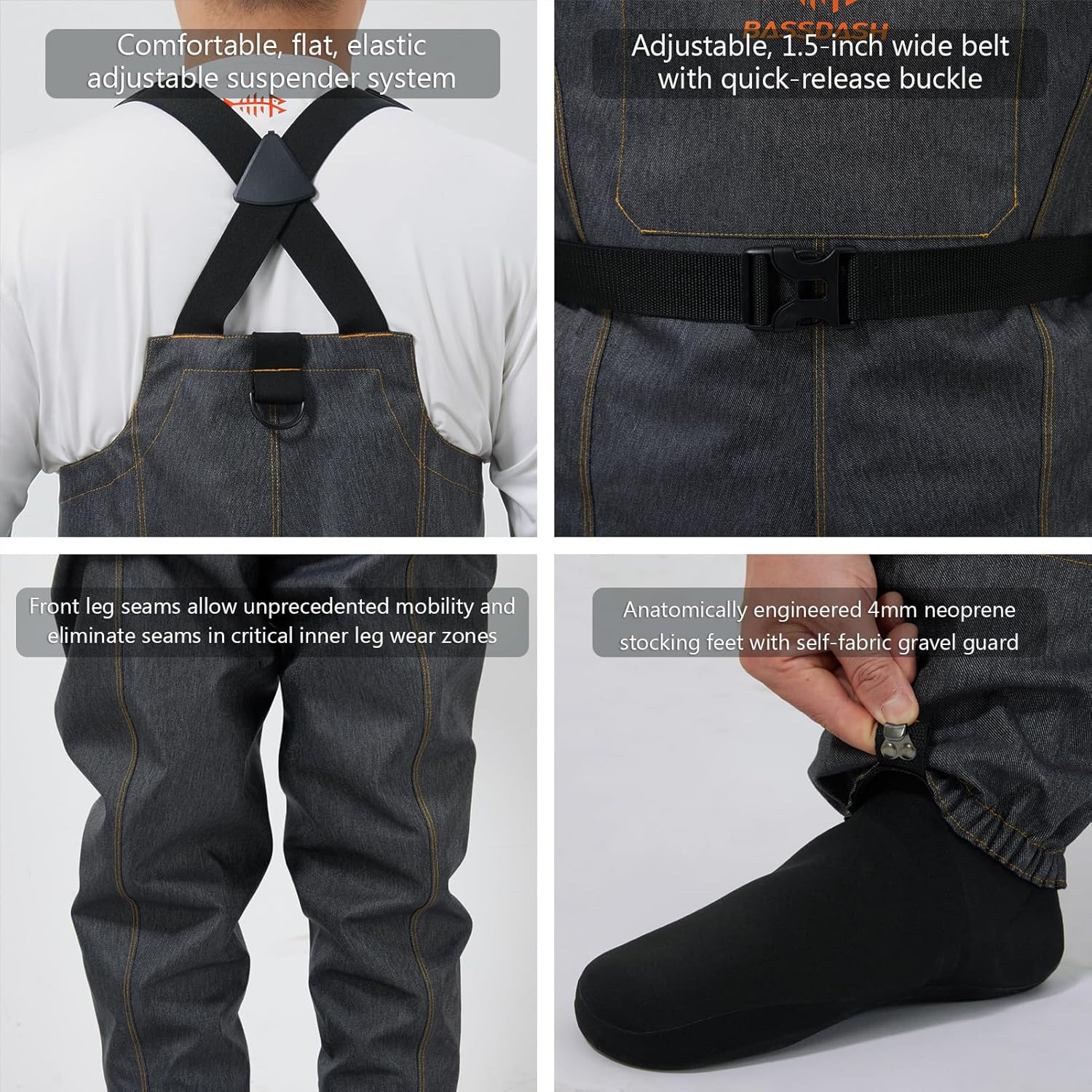 BASSDASH Men’s Denim Breathable Chest Waders Waterproof Durable Lightweight Stocking Foot for Fishing Hunting ATV Riding - Image 5