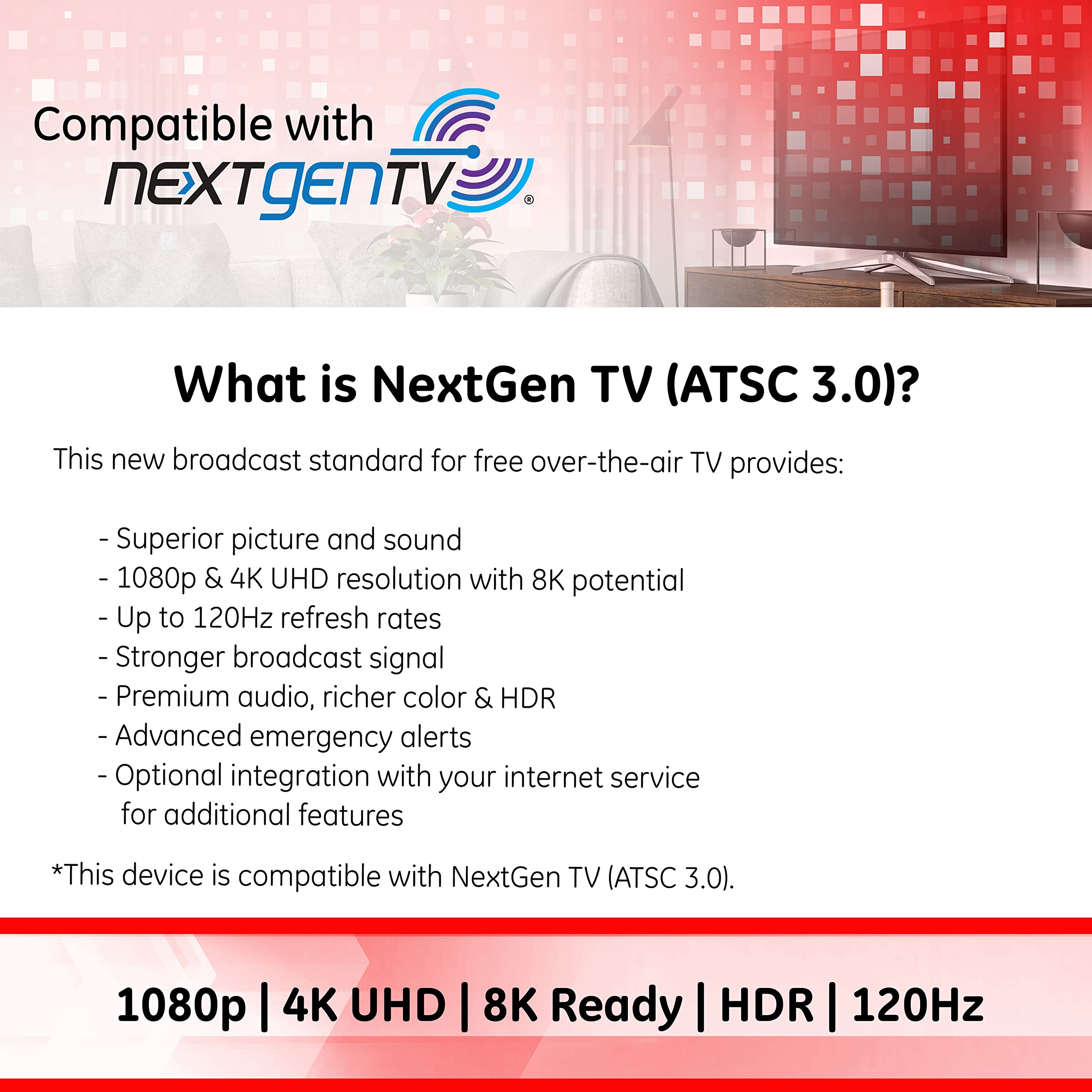 GE Antena digital de TV HD para exteriores, resistente a la intemperie de largo alcance, soporta 4K 1080p UHF VHF NextGen TV ATSC3.0, diseño plano de perfil bajo, negro, 54083