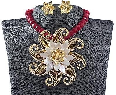 Women's Sukhen Antique Shell/Wood/Brass Jewellery Choker Necklace Set (red, black, golden silver)