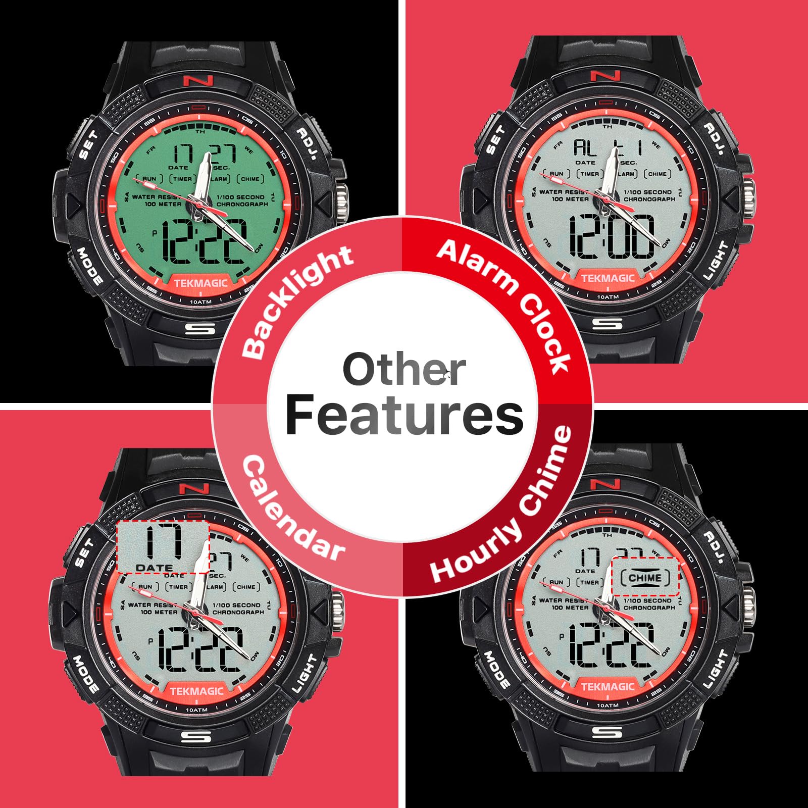 Reloj Pulsera Hombre Impermeable 100 Metros para Buceo y Nadar con Visualización Digital y Analógico, Despertador, Cronógrafo, Hora Dual Calendario, Cuenta Regresiva